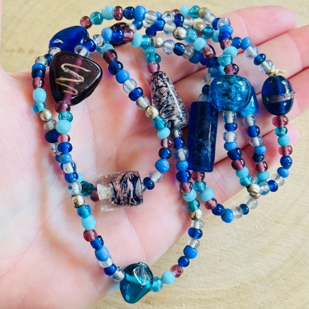 VTG Blue purple Necklace Venetian Glass Murano Beads Gold copper foil Italy 35"